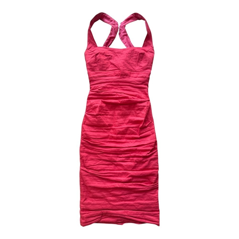Nicole Miller Artelier Pink Ruched Criss Cross Halter Bodycon Dress BR10041 Sz 0